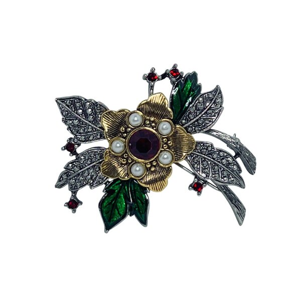 Avon Rhinestone, Faux Pearl, Silver And Gold Tone Poinsettia Brooch (5843) - Picture 1 of 4